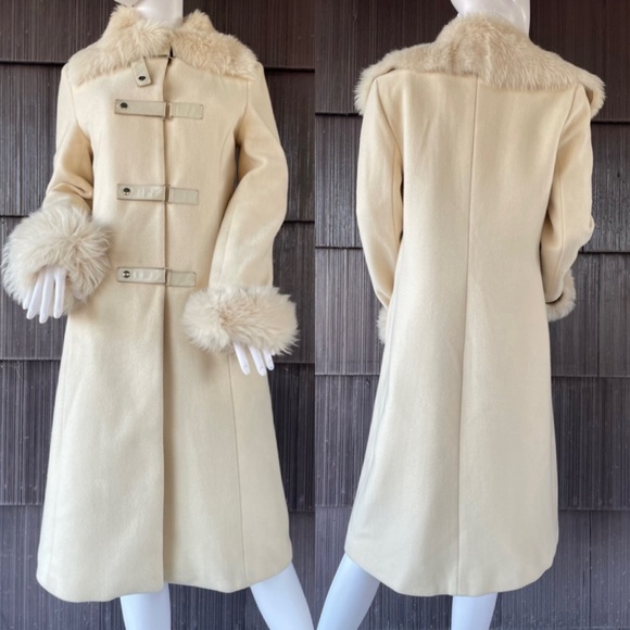🔥Mackage Wool Cashmere Blend Cream Coat Fur Trim Luxe Winter Overcoat Size M - Picture 1 of 16